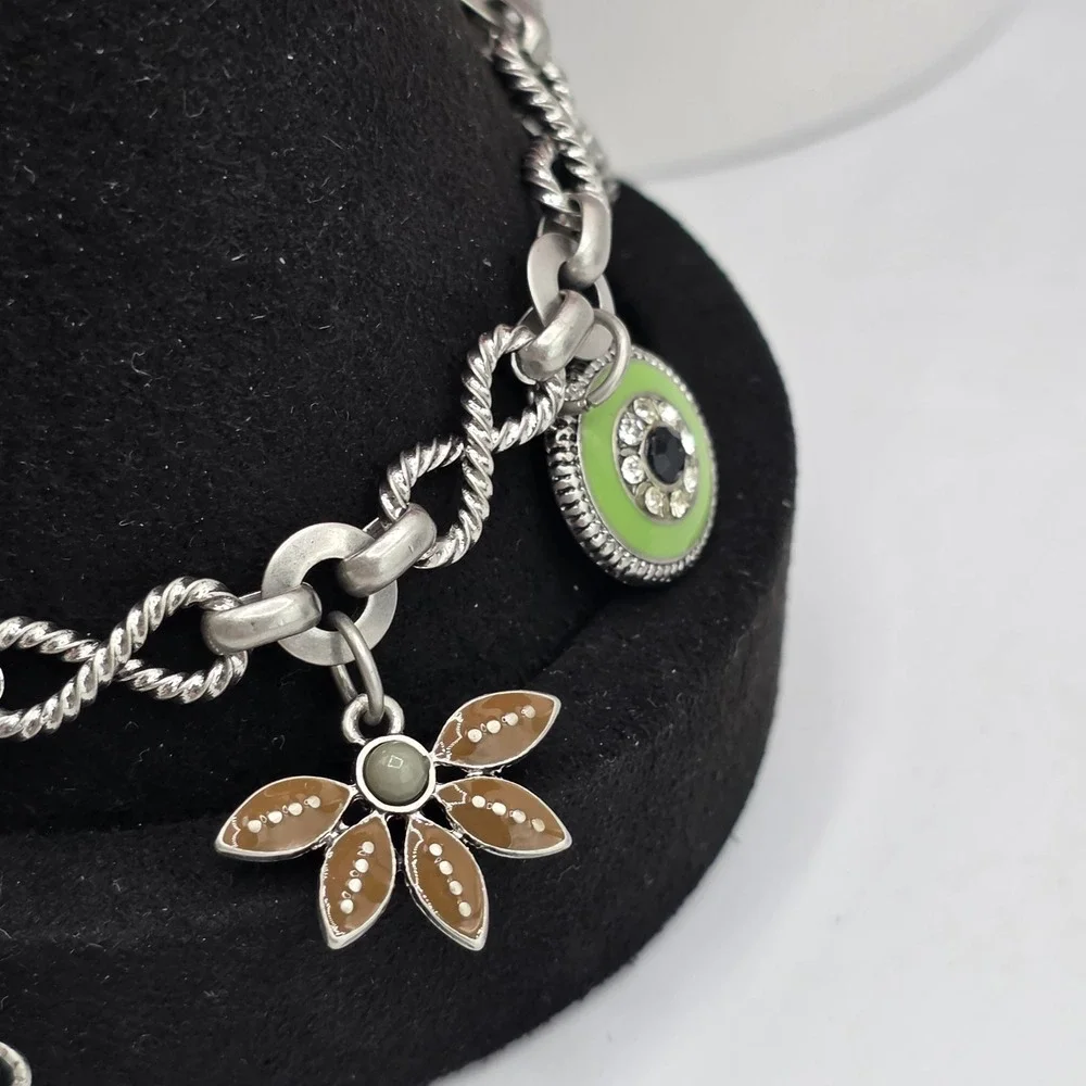 Lia Sophia Silver Tone Enamel Floral Charm Bracelet Green Brown Rhinestone 8.5in